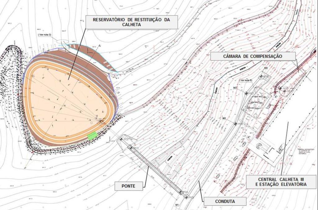 Na Figura 4.10 apresenta-se a planta de implantação e localização do reservatório de restituição. Figura 4.10 Planta de implantação do Reservatório de Restituição da Calheta Fonte: Projeto do Reservatório de Restituição da Calheta.