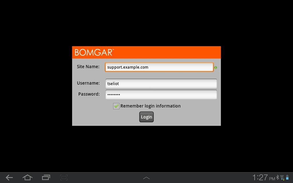 Logon no Console de Suporte Técnico para Android Na tela de logon, insira o nome do host do site Bomgar, como support.example.com. Em seguida, insira o nome do usuário e senha associados com sua conta de usuário Bomgar.