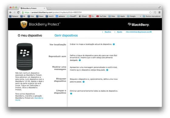 Aqui, neste serviço online, pode tentar localizar o seu Z10 Na página http://protect.blackberry.