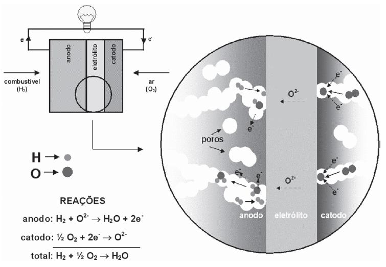 2 Figura 1.1: Representação esquemática das reações de uma célula combustível de óxido sólido, na qual o eletrólito é um condutor de íons oxigênio [1].