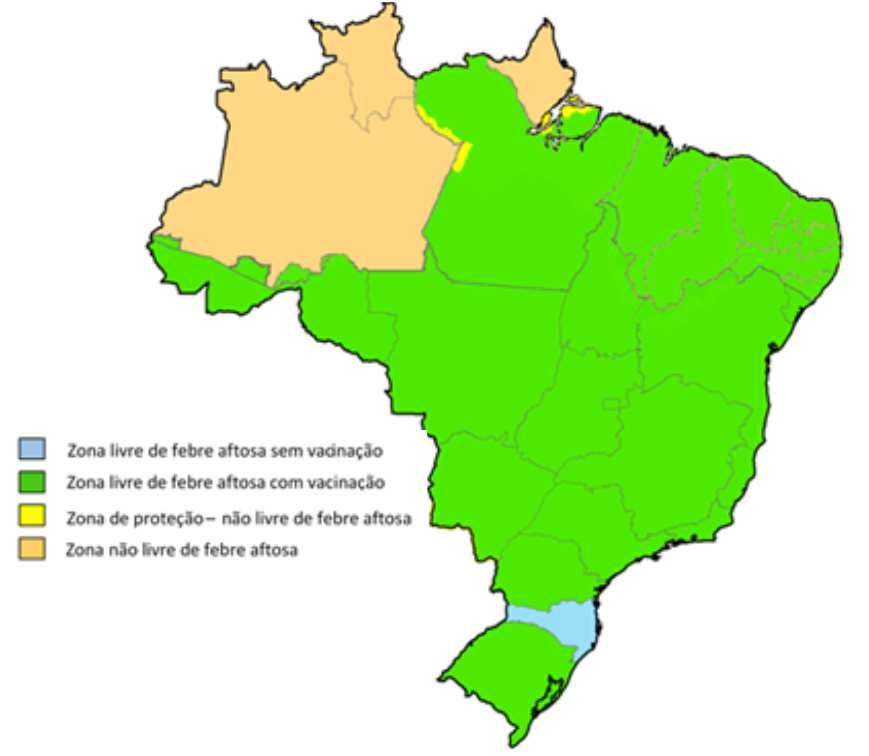 Situação nacional Zona livre sem vacinação 1,1% do Território Nacional 2,0% do rebanho bovino nacional 16,0% do rebanho suíno nacional Zona livre com vacinação