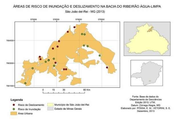 Figura 2: Áreas de riscos na Bacia do Rio Água-Limpa Fonte: PÔSSA, VENTORINI, 2014.