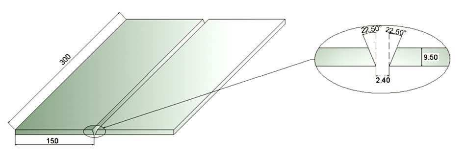 formar na junta a soldar um chanfro em V com ângulo de 45, sem nariz e com abertura de fresta de 2,4 mm, a montagem do corpo de prova é representada na Fig.(2). Figura 2.