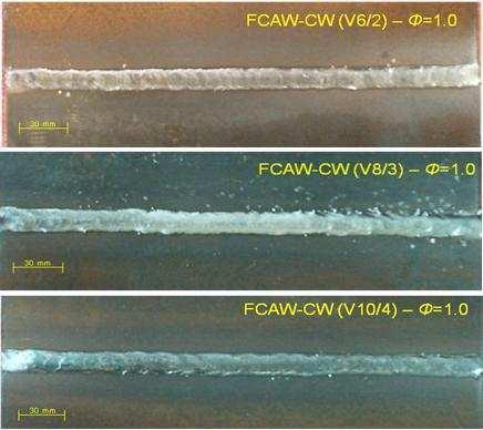 Figura 9. Aspecto superficial do cordão de solda para o processo FCAW-CW, com velocidades de alimentação de arame V6/2, V8/3 e V10/4, respectivamente. 4.
