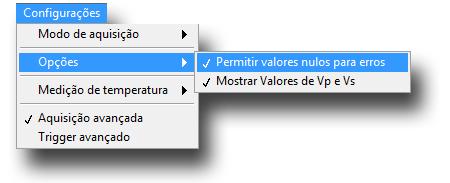 8.9.2 Opções No menu Configurações existem duas Opções principais com relação aos resultados: Permitir valores nulos para erros e Mostrar Valores de Vp e Vs. Figura 75.