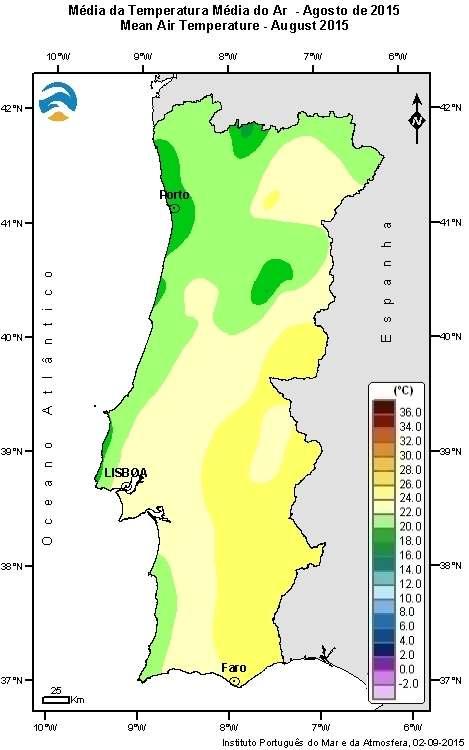 Figura 2 - Distribuição espacial dos valores médios da temperatura média do ar e anomalias da temperatura média, mínima e máxima do ar (em relação ao período