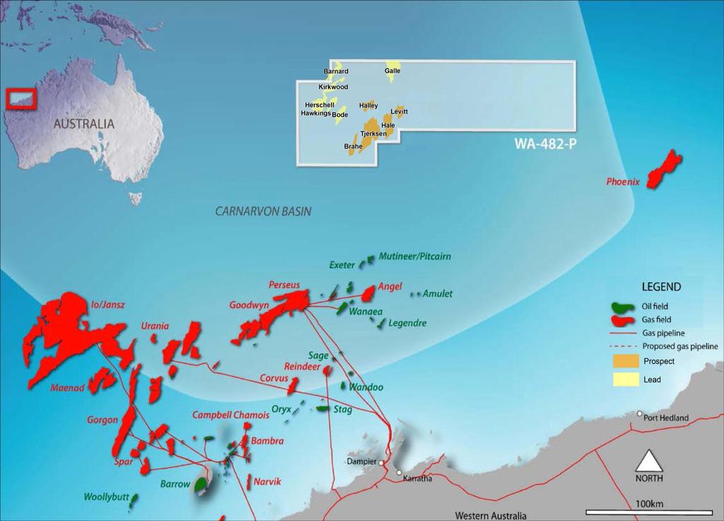 Operações na Austrália Bacia de North Carnarvon WA-482-P Localização: Bacia de North Carnarvon, Austrália. Em lâmina d água de 400-2.000 m.