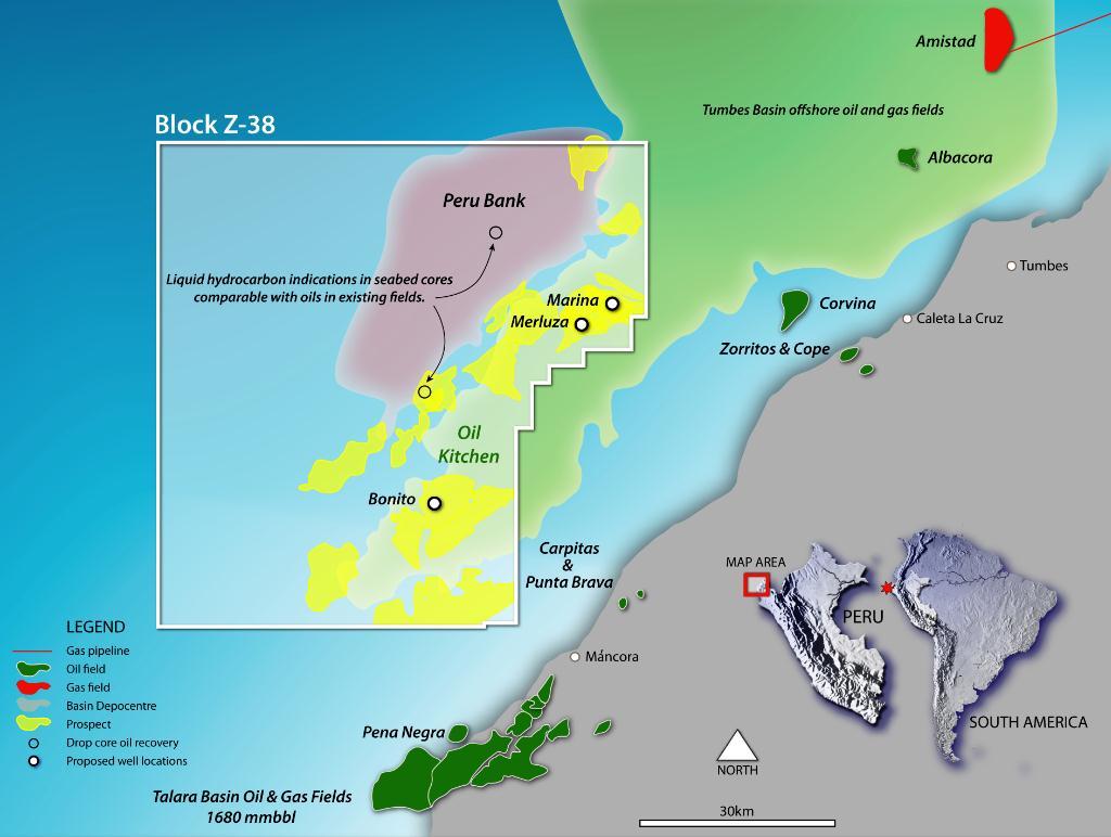 Bacia de Tumbes Bloco Z-38 Localização: Bacia de Tumbes em lâminas d água de 300-1.000 m. Próximo a campos que já produziram mais de 1,6 bilhão de barris de petróleo.