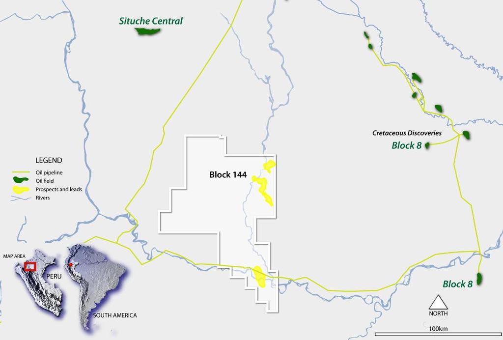 Bacia de Marañon Bloco 144 Localização: Prospectos e Leads Bacia de Marañon, Peru. No mesmo trend que o campo de petróleo Situche Central.