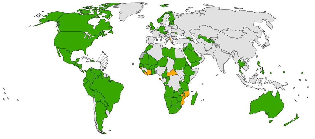 Países com vacina de rotavirus no PAI e planificações para introdução em 2015 18 países e 1 território na Região das Américas * Includes partial introduction Introduced* to date (77 countries or 39.