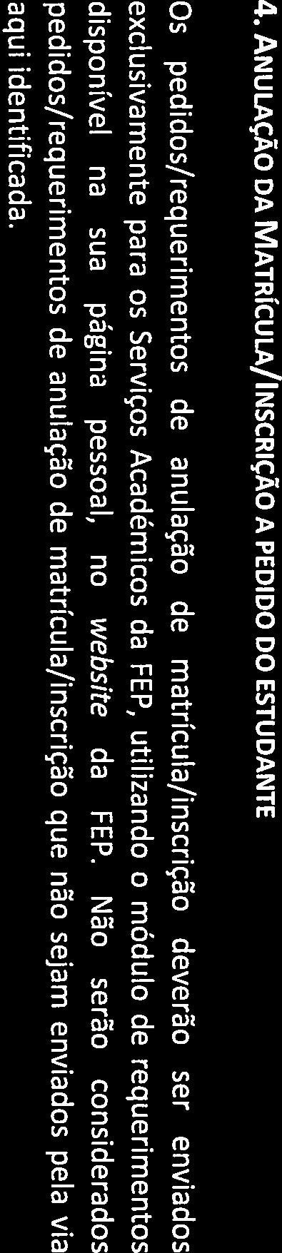 ANULAÇÃO DA MATRÍCULA/INSCRIÇÃO A PEDIDO DO ESTUDANTE Os pedidos/requerimentos de anulação de matrícula/inscrição deverão ser enviados exclusivamente para os Serviços Académicos da FEP, utilizando o