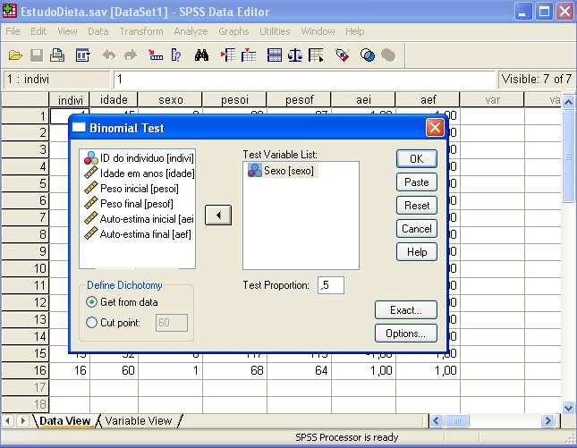 Procedimento usando SPSS Analyze NonParametric Tests Binomial : p = 0.7 vs. H 1 : p < 0.7 Exemplo 5.2, pag 205 O valor do p-value unilateral é de 0.550 se nível de significância de 10%: p-value = 0.