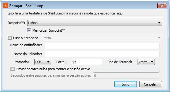 Para iniciar uma sessão de Shell Jump, abra a caixa de diálogo Shell Jump.