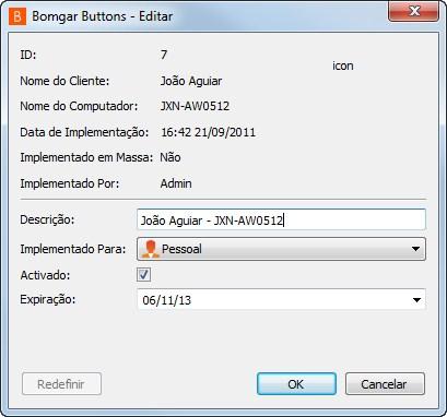 As estatísticas de utilização do Bomgar Button incluem: Campos estáticos: ID Nome do Cliente Nome do Computador Data de Implementação Implementado em Massa (Sim/Não) Implementado por (Nome de