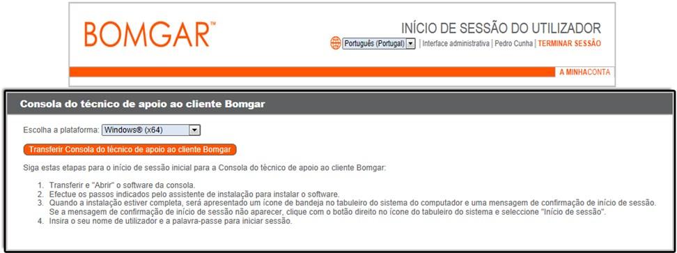 INSTALAÇÃO DA CONSOLA DO TÉCNICO DE APOIO AO CLIENTE No browser da Web, vá para o URL do seu Aparelho Bomgar seguido de /login e insira o nome de utilizador e palavrapasse definidos pelo seu