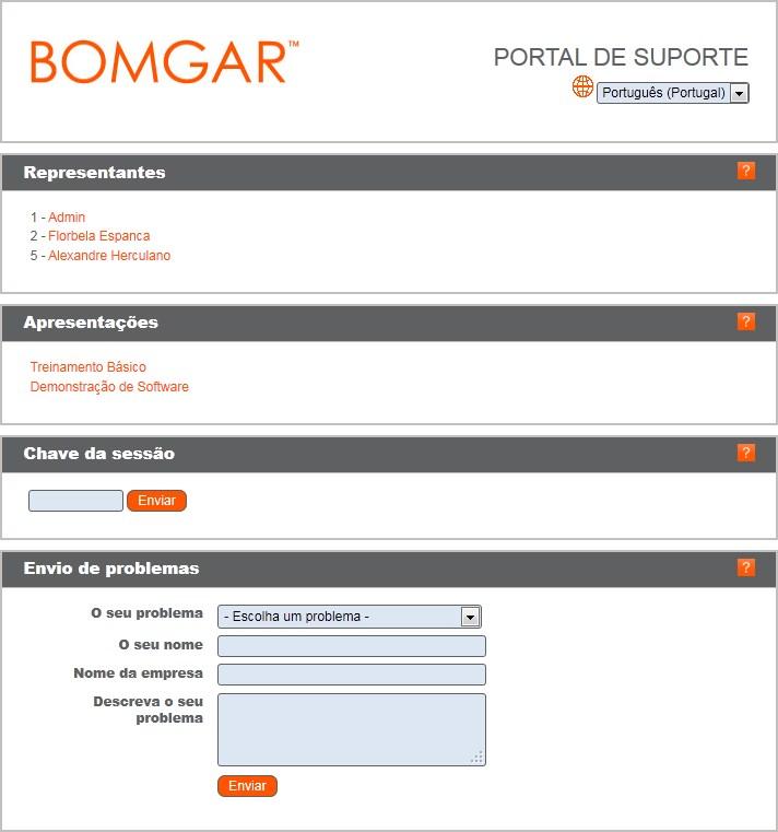 SITE PÚBLICO O site público é o portal de apoio técnico do seu aparelho Bomgar, onde os seus clientes podem solicitar uma sessão de apoio técnico ou participar numa apresentação.