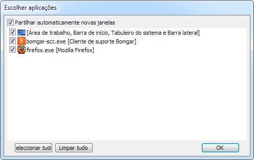 PARTILHA DE APLICAÇÕES Quando solicitar a partilha limitada de ecrã, é apresentada uma janela de selecção à frente