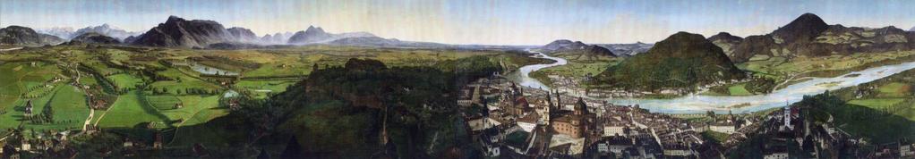 Ilustração do Panorama Da esquerda para a direita O Panorama de Sattler mostra a cidade de Salzburgo e seu entorno por Kapuziner são mostrados seguindo o curso dos rios.