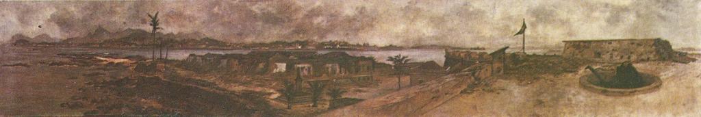 Fig.1- Estudo para o Panorama da Entrada da Esquadra Legal (Revolta da Armada: ruínas da Fortaleza de Villegaignon bombardeada) - Victor Meirelles 1894/1895 - Óleo sobre tela - 56.7 x 326 cm.