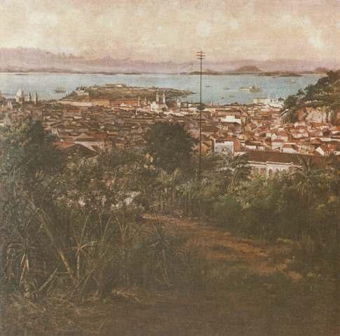 Descrição do Estudo Nº3 - Morro de Santo Antônio e Ilhas das cobras No primeiro plano, vegetação do Morro de Santo Antônio; à esquerda zimbório da Igreja da Candelária, já referido no estudo nº 2; a