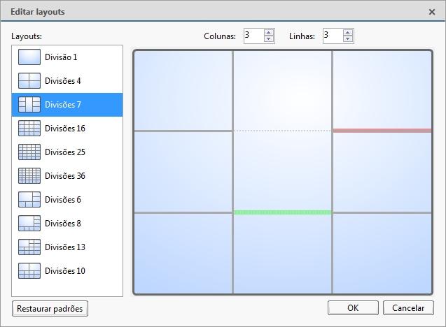 Visualizar layouts Você pode organizar como vídeos são exibidos através de layouts de Visualização. Você pode escolher exibir o vídeo em 1 a 64 painéis de imagem.