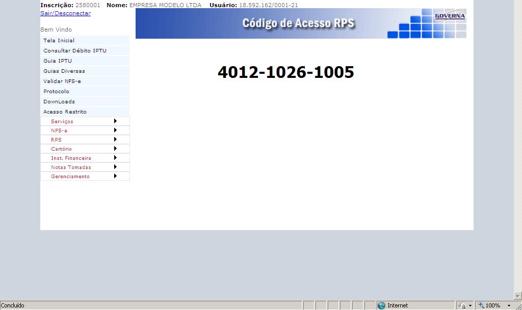 CÓDIGO DE ACESSO AO PROGRAMA RPS ELETRÔNICO (Não disponível no município de Perdizes) Para as pessoas jurídicas que optem por utilizar o Programa RPS Eletrônico (a outra opção é a Emissão on-line de