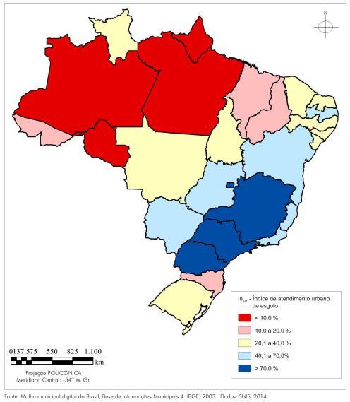 Visão Geral Setor Saneamento Grandes Números Brasil Esgotamento Sanitário Representação espacial do índice médio de atendimento urbano por rede coletora