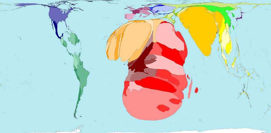 Anamorfismo: técnica cartográfica que consiste em representar as áreas com tamanho proporcional a intensidade do