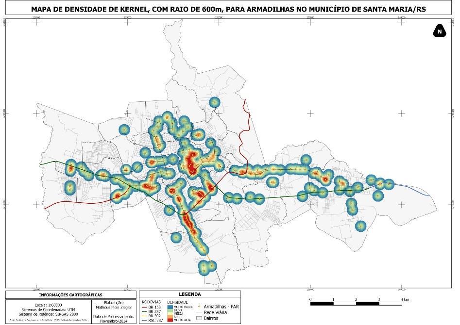 Figura 6 - Mapa de densidade de armadilhas no município de Santa Maria/RS Fonte: Ziegler (2014) Figura 6 - Mapa de densidade de pontos estratégicos no município de Santa Maria/RS Fonte: Ziegler