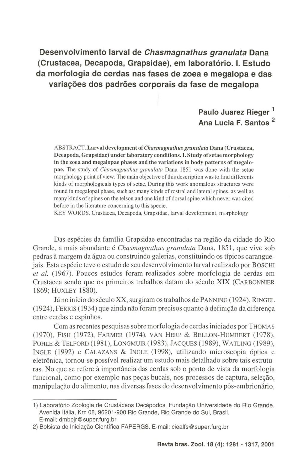 Desenvolvimento larval de Chasmagnathus granulata Dana (Crustacea, Decapoda, Grapsidae), em laboratório. I.