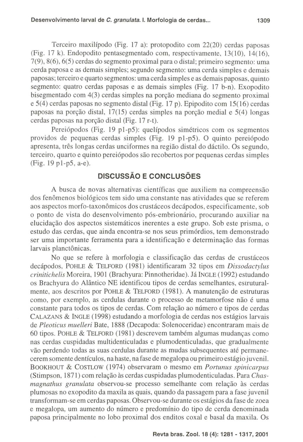 Desenvolvimento larval de C. granula ta. I. Morfologia de cerdas... 1309 Terceiro maxilípodo (Fig. 17 a): protopodito com 22(20) cerdas papos as (Fig. 17 k).