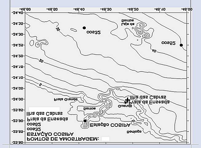 Fig. 1 Pontos de amostragem: Estação COSIPA, Praia da Enseada, Ilha das Cabras e estações cos32 e cos52. II.
