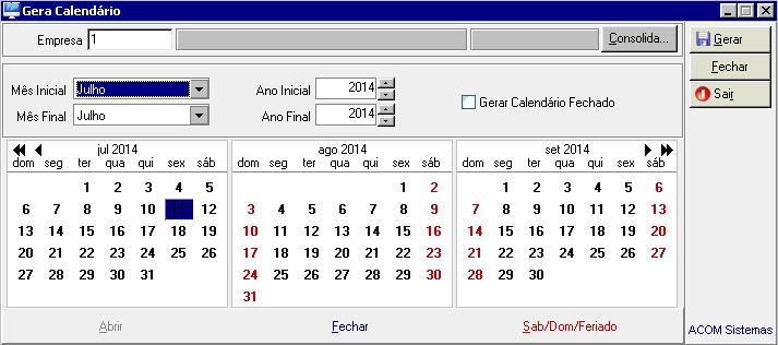 1.2 Calendário (MLO Cadastro Calendário) Formulário onde é configurado o calendário da apresentação das transações dos movimentos das lojas.