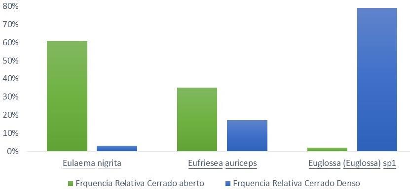 Figura 2. Frequências relativas de indivíduos dos diferentes gêneros de Euglossina coletados nas duas áreas de Cerrado.