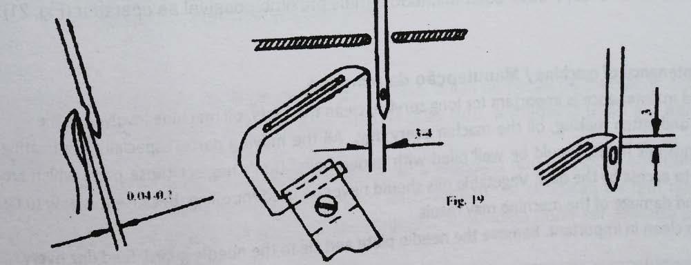 vi. Posicionamento do looper inferior A posição inicial da rosca de captura de linha do looper inferior está a uma distância de 3 a 4mm da linha central da agulha reta (fig 19).
