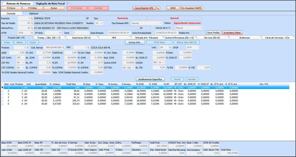 Após conferir os dados clique em Gerar/Imprimir NFE para emitir a Nota Fiscal.