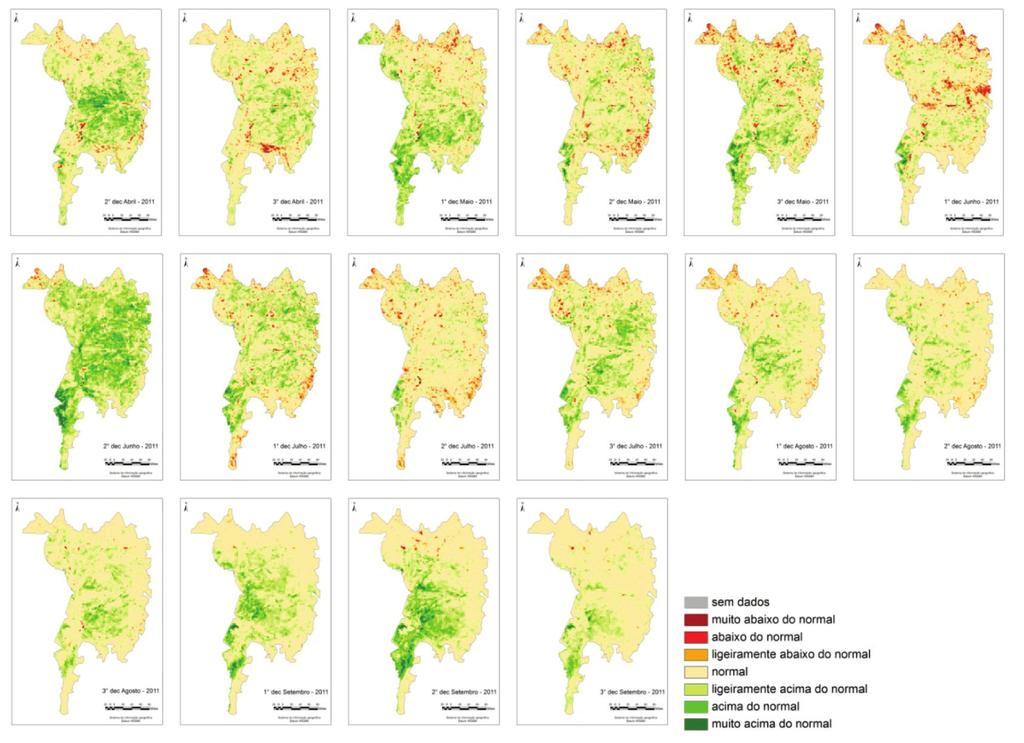 Embrapa Informática Agropecuária/INPE, p. 803-805 do IVP no período chuvoso (Figura 3) pode ser explicada pela anomalia de precipitação negativa obtida do TRMM (Figura 4).