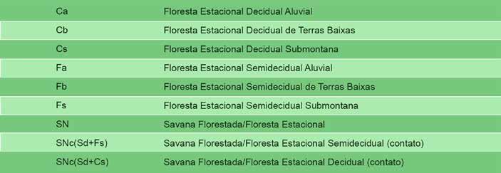 A Classificação Original das fisionomias vegetais do IBGE em Veloso et all (1991) com 52 subclasses de Vegetação Natural foi reagrupada em 7 Classes Naturais em função da proximidade referente aos