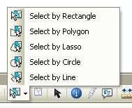 Entre as opções da ferramenta Select by além da opção default de ponto, pode-se ainda selecionar feições por meio de retângulos, polígonos, laços, círculos e linha, além da ferramenta de selecionar,