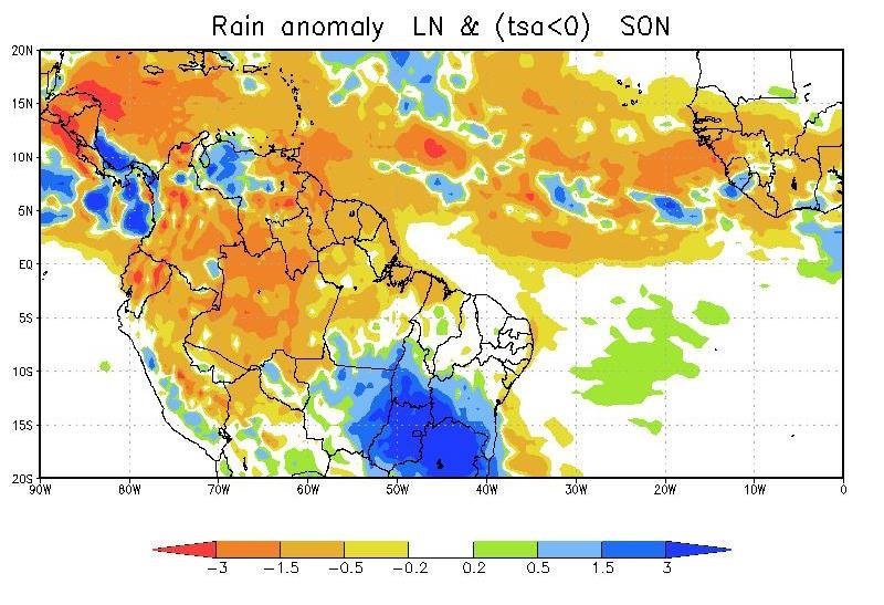(a) (b) (c) (d) (e) (f) Figura 4 Anomalias da precipitação tropical (mm dia -1 ) em setembro-outubro-novembro de 1979 a 2011, com a La Niña coincidindo com: (a)