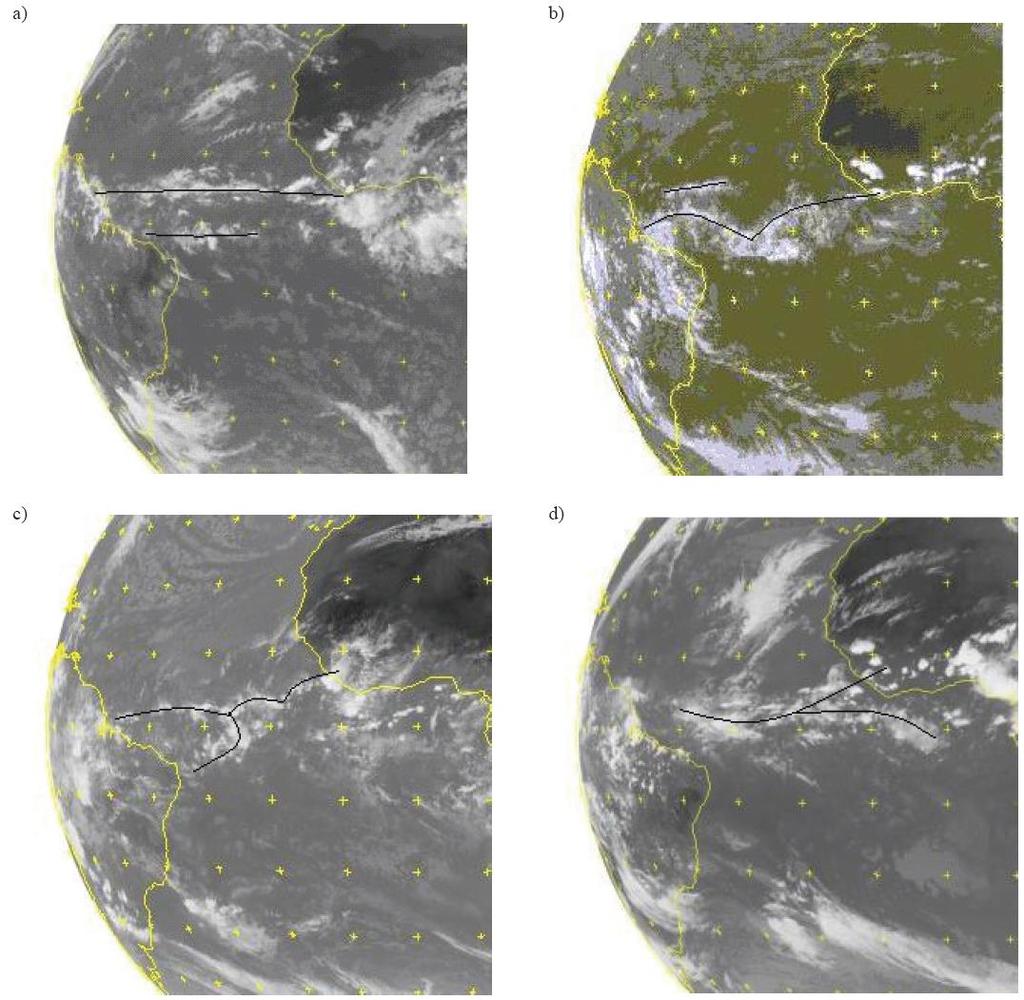 ZCIT PADRÕES DE NEBULOSIDADE Imagens de satélite do METEOSAT6 representativas dos padrões de nebulosidade para: a) ZCIT dupla ao sul
