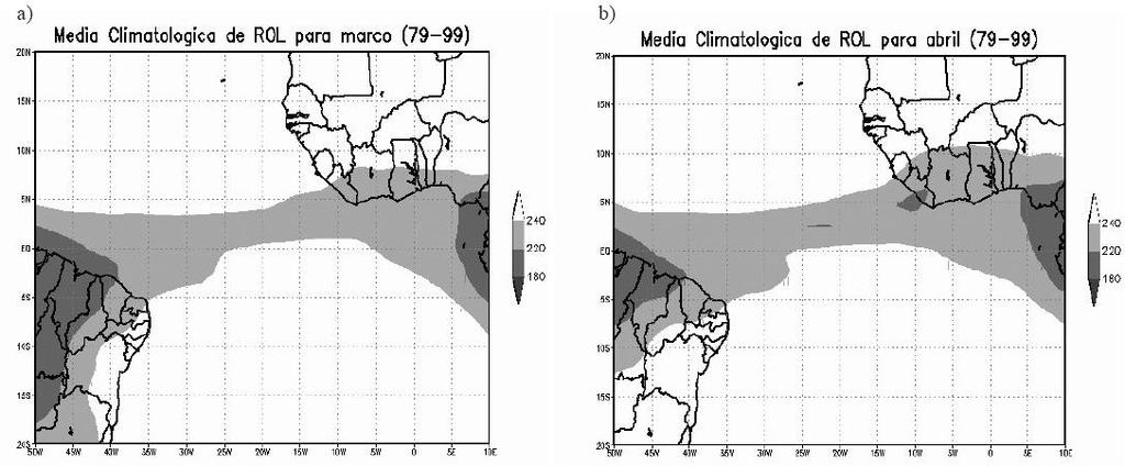 Média climatológica de ROL (W/m 2 ) para o período de 21 anos (1979-1999) para: a) mês de março, b) mês de abril.