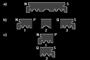 5. (UFRS) A figura (a) representa uma metade magnetizada de uma lâmina de barbear, com os pólos norte e sul indicados respectivamente pelas letras N e S.