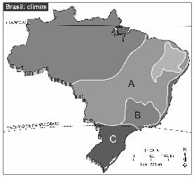 Assinale a alternativa abaixo em que os climas listados correspondem, correta e respectivamente, às letras A, B e C, localizadas no mapa acima.