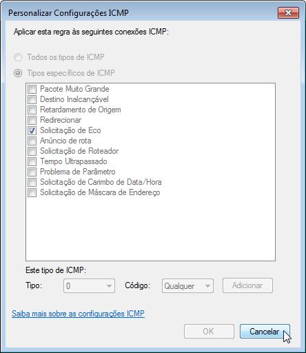 g. Para as configurações ICMP, clique no botão Personalizar. A janela Personalizar Configurações ICMP é aberta.
