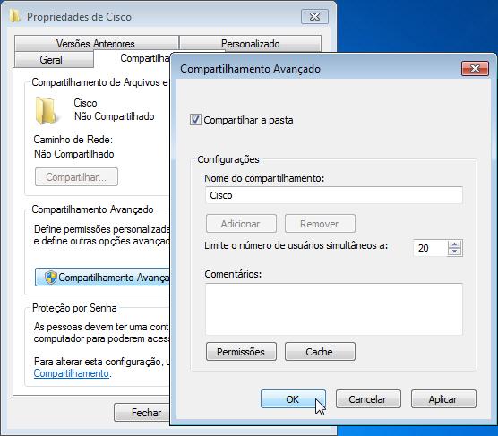 b. Clique com o botão direito do mouse na pasta Cisco e selecione Compartilhar com > Compartilhamento Avançado. A janela Compartilhamento Avançado será aberta. Compartilhe a pasta.