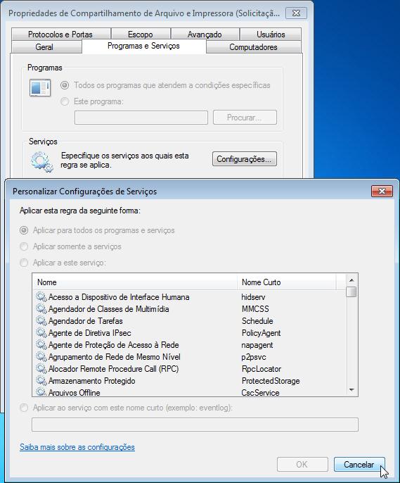 e. Clique na guia Programas e Serviços. Clique em Configurações A janela Personalizar Configurações de Serviços é aberta.