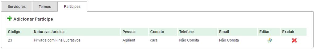 2.1.5 Partícipes Durante a edição na seção de itens anexos de um convênio, será possível gerenciar os partícipes relacionados ao convênio clicando na aba Partícipes.