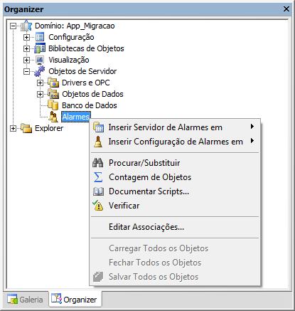 objeto Configuração de Alarmes: A importação dos alarmes acontece no objeto