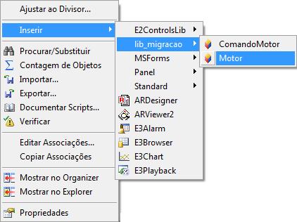 Na aplicação Elipse E3 anexada ao artigo, podemos inserir um novo objeto Motor na tela inicial, clicando com o botão direito na tela.